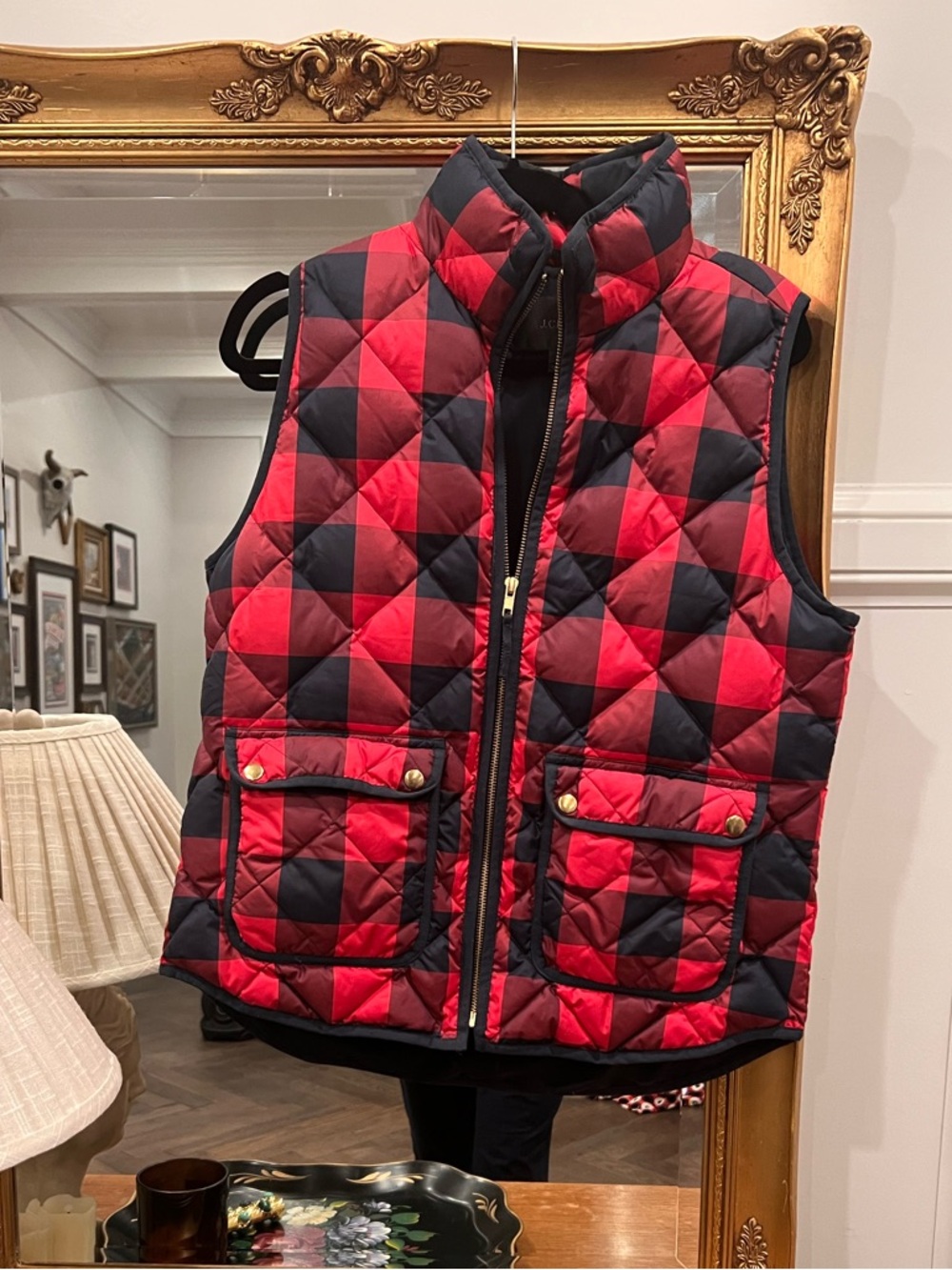 J Crew Red and Black Quilted Buffalo Plaid Puffer Vest